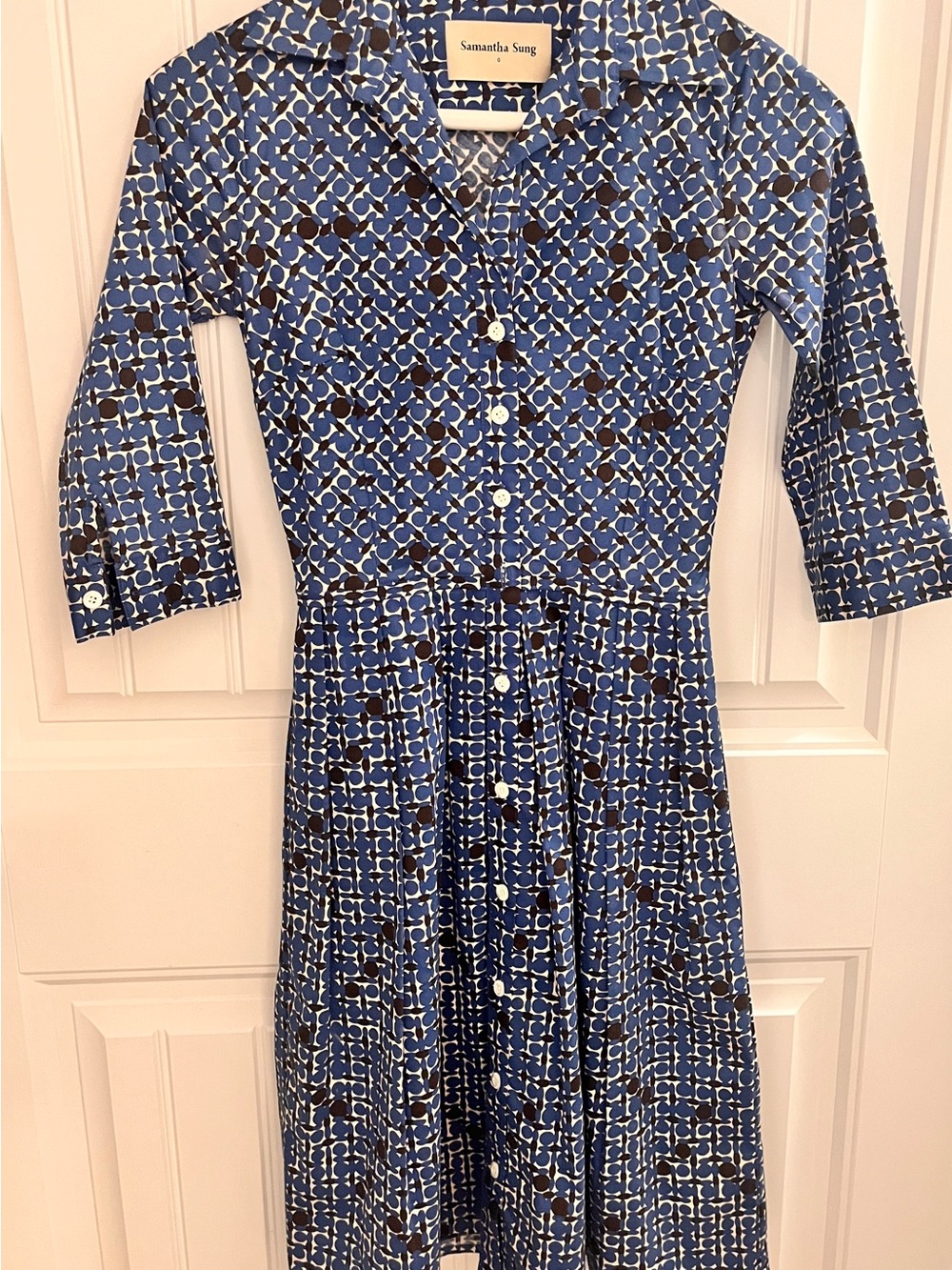 SAMANTHA SUNG Blue Geometric Print Midi Shirt Dress Size 0